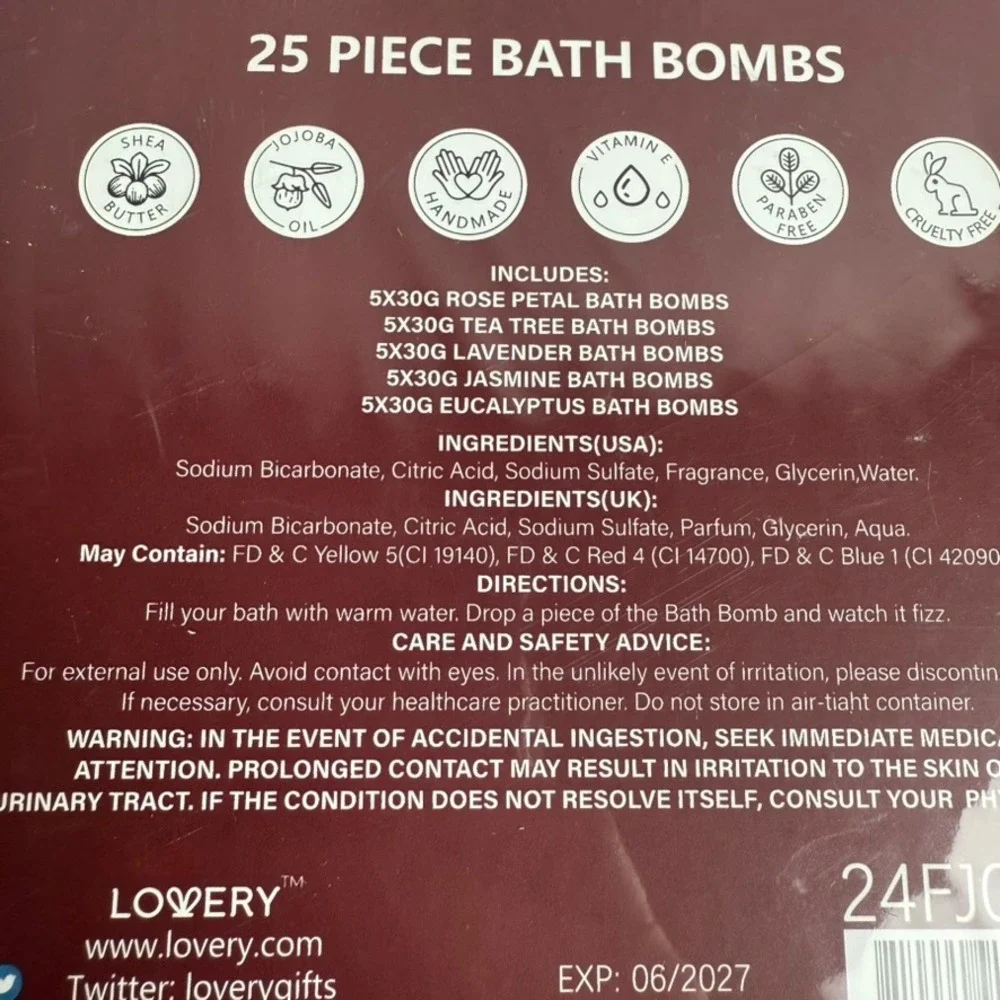 Lovery 25 Piece Bath Bomb Gift Set Rose Lavender Jasmine Eucalyptus New Sealed